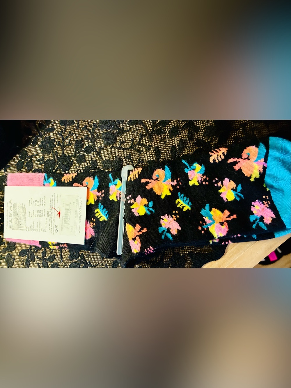 Happy Socks Black Floral Socks with Pink, Yellow and Blue Accents
